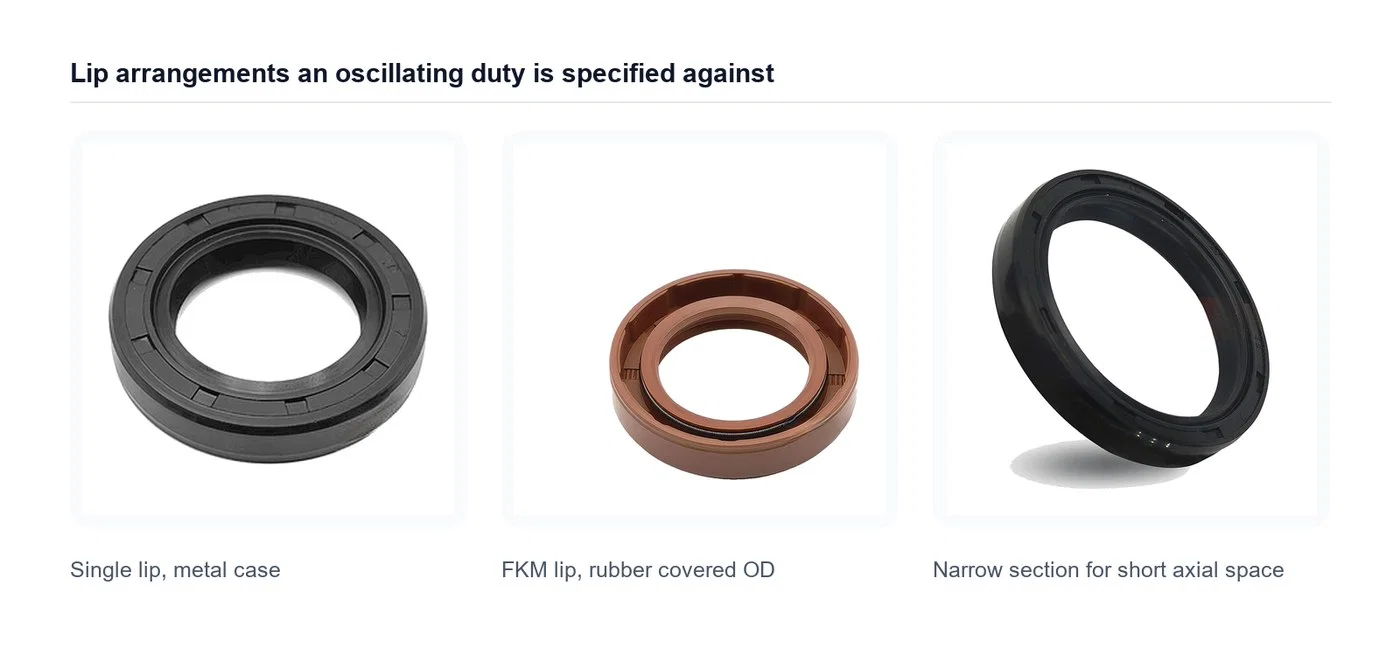 Three oil seal types photographed face on, showing the lip arrangements an oscillating duty is specified against