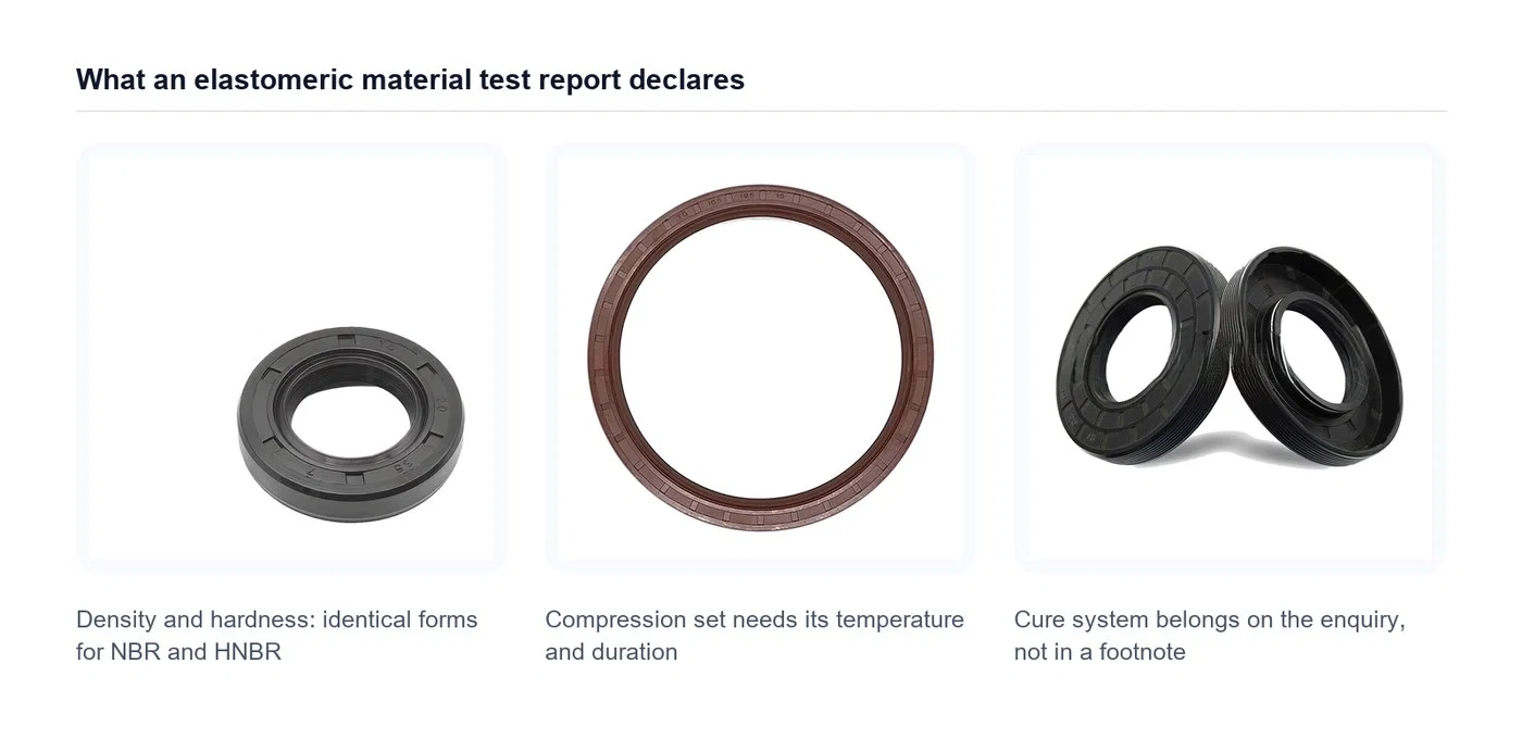 A material test report declares density, hardness, compression set and volume change. None of those four lines identifies the polymer in the lip.