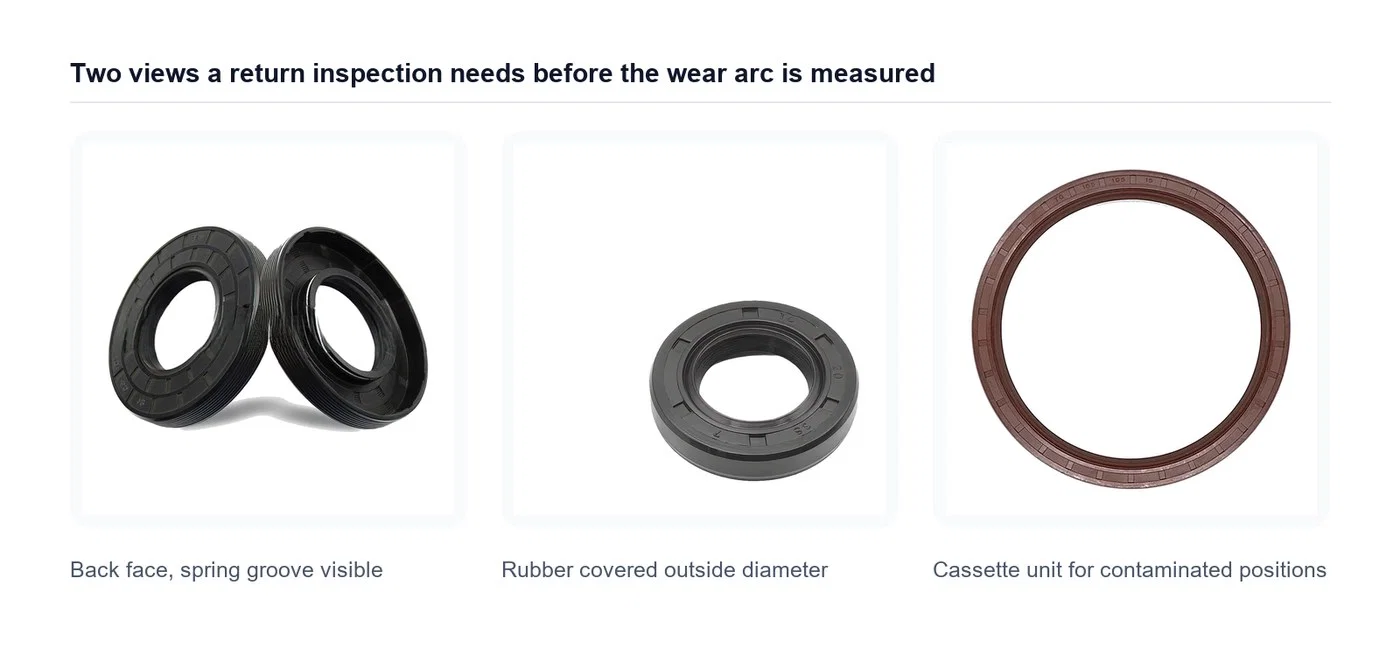 Oil seals photographed from the back and from the face, the two views a return inspection needs when the wear track is measured