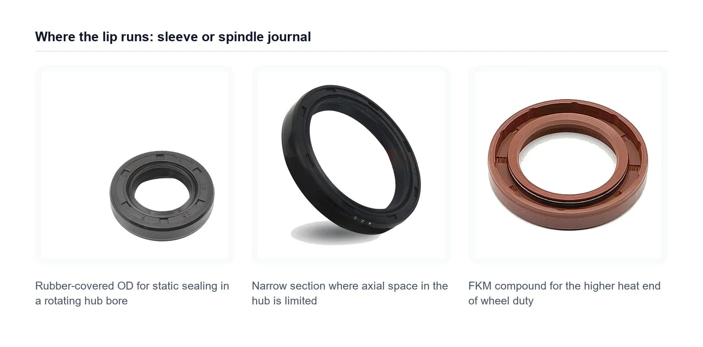 Unitized hub seal construction and the surfaces a lip can run on