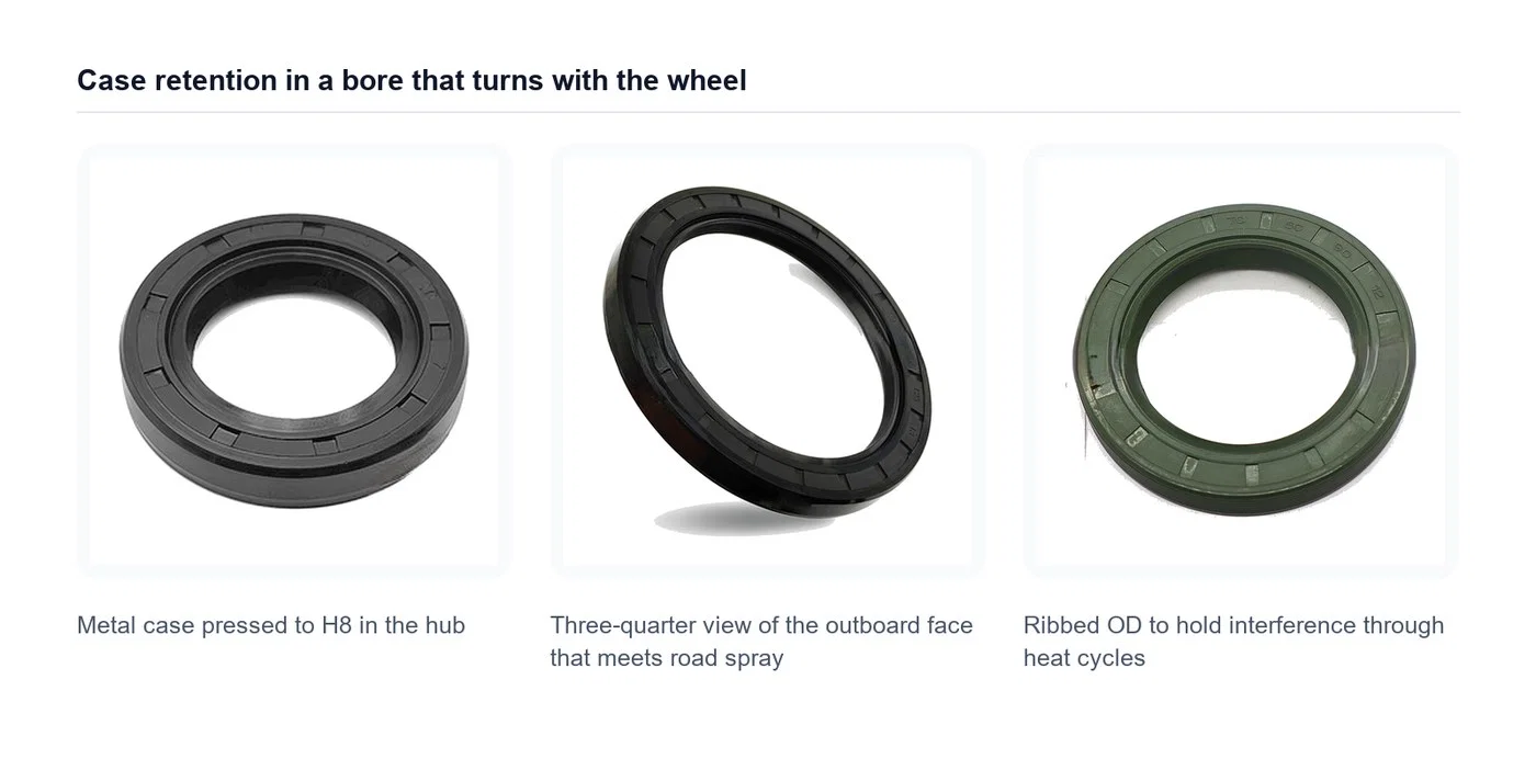 Wheel end layout with the seal rotating in the hub against a stationary spindle