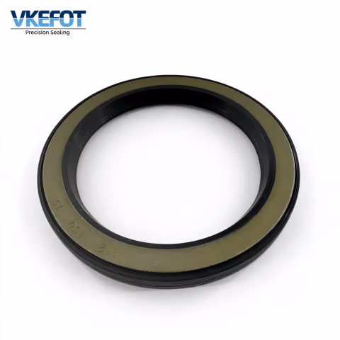 VKEFOT 112x150x15 mm wheel hub oil seal, face view showing black NBR lip inside the phosphated steel outer case
