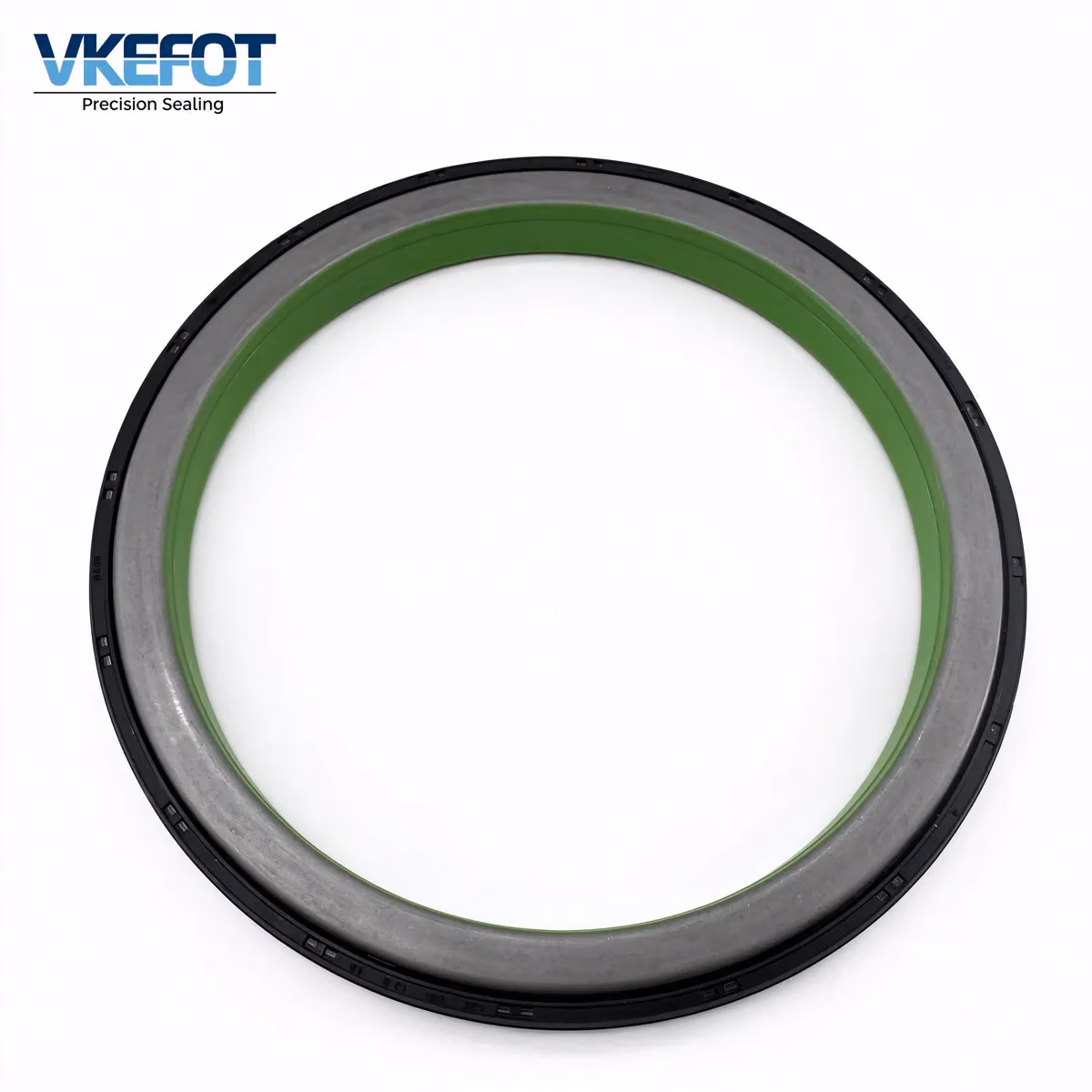 VKEFOT 132x160x12.8/15 mm rear crankshaft oil seal, NBR with a green lip, front view showing the case