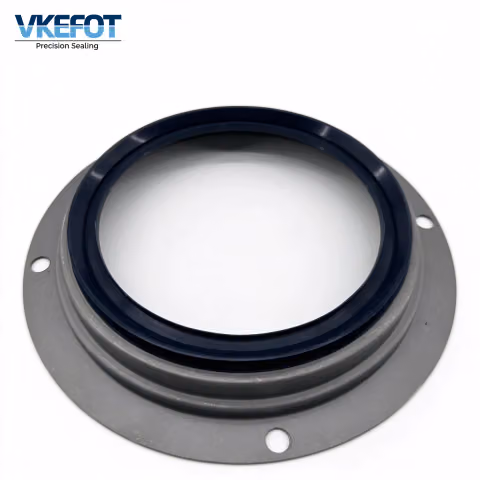 VKEFOT 132x179.5/214x30.5 mm flanged truck wheel hub oil seal, front view showing the steel flange and the mounting hole