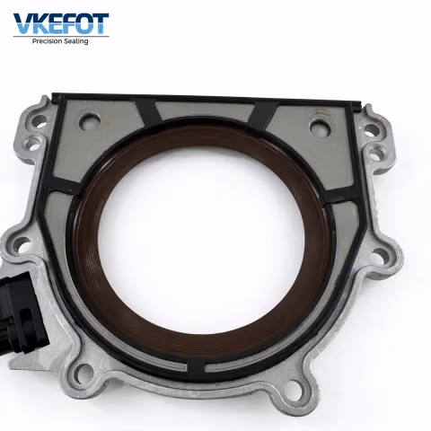 VKEFOT 130x160x14.5 mm crankshaft rear oil seal assembly, front view of the PTFE lip in the aluminium housing